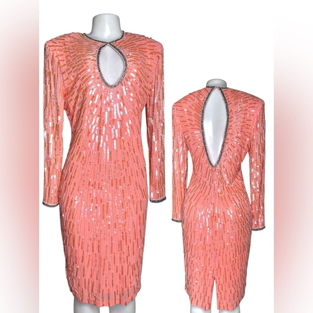 VTG Naeem Khan for Lillie Rubin Sequin Silk Cocktail Dress M – Beaded Keyhole
